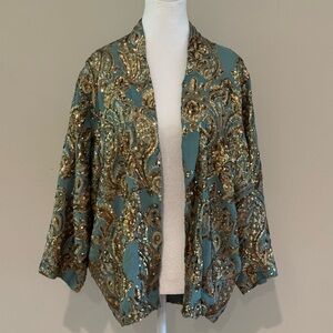 Anthropologie Teal and Gold Sequin Blazer
